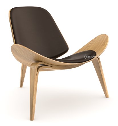 Chaise CH07 Shell, Chêne laqué naturel, Cuir marron