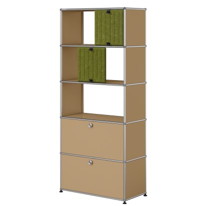 Étagère USM Haller, 2 abattants sans paroi arrière, avec 2 Soft Panels, verticale, Beige USM, Vert / Vert clair