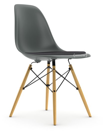 Eames Plastic Side Chair DSW, Gris granit, Avec coussin d'assise, Gris foncé, Version standard - 43 cm, Frêne tons miel