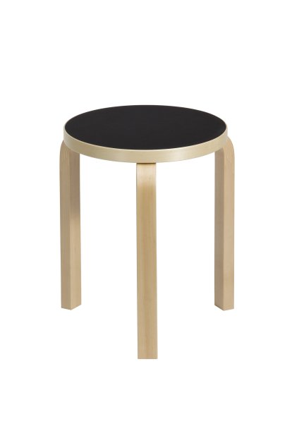 Tabouret 60, Assise linoléum noir, pieds bouleau laqué nature