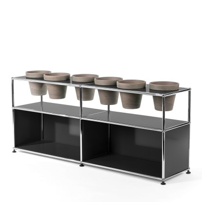 Meuble Sideboard USM Haller pour plantes, Anthracite RAL 7016, Ouvert, Avec 6 pots, Basalte