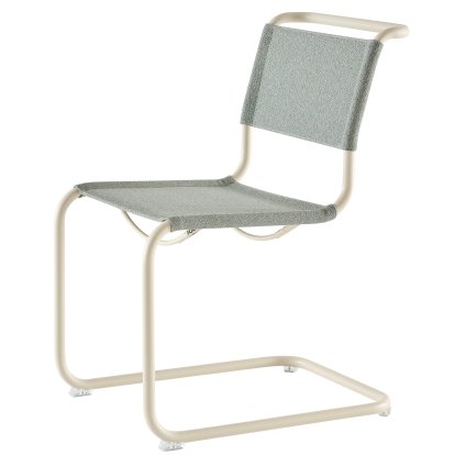 Chaise Cantilever S 33 / S 34 V Tissu, Sans accotoirs, Blanc perle mat revêtu par poudre, Tissu cento ray - bleu clair, Patins en plastique transparent avec feutre