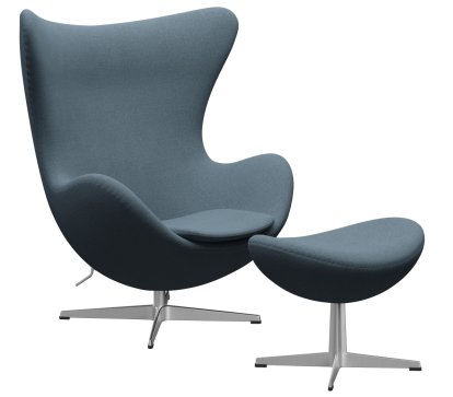 Fauteuil Egg (Oeuf), Re-wool, 768 - Naturel / bleu clair, Aluminium satiné et poli, Avec repose-pied