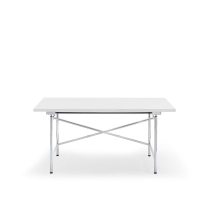 Table Eiermann 1 M (réglage mécanique de la hauteur), Mélaminé blanc avec bords blancs, 140 x 80 cm, Chromé