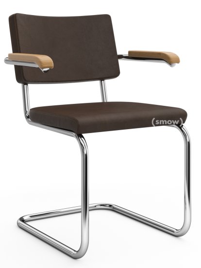 Chaise cantilever S 64 PV Pure Materials, Cuir Nubuk marron foncé, Chêne, Chromé, Sans patins