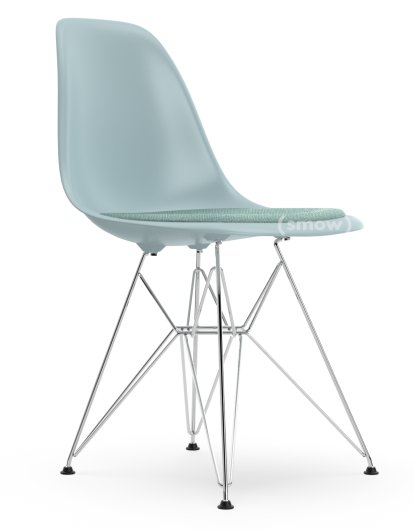 Eames Plastic Side Chair RE DSR, Gris bleuté, Avec coussin d'assise, Bleu glacier / ivoire, Version standard - 43 cm, Chromé