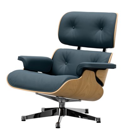 Eames Lounge Chair, Châtaignier naturel, Cuir Premium F bleu fumé, 84 cm - Hauteur originale de 1956, Aluminium poli