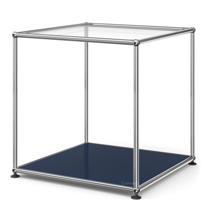 Table d'appoint USM Haller 50 haute, Panneau supérieur en verre, panneau inférieur en métal, Bleu acier RAL 5011
