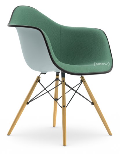 Eames Plastic Armchair DAW, Gris bleuté, Rembourrage intégral, Menthe / forêt, Version standard - 43 cm, Frêne tons miel