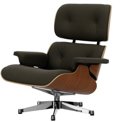 Eames Lounge Chair, Noyer naturel, Cuir Premium F kaki, 89 cm, Aluminium poli
