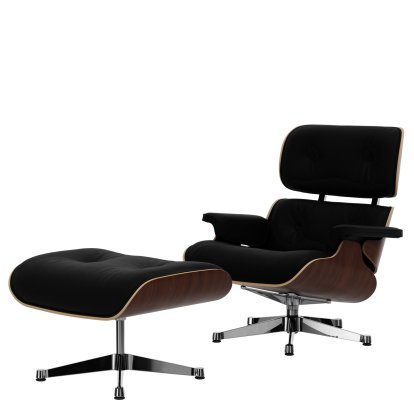 Eames Lounge Chair & Ottoman, Noyer foncé, Cuir Premium F nero, 84 cm - Hauteur originale de 1956, Aluminium poli