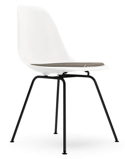 Eames Plastic Side Chair DSX, Blanc RE, Avec coussin d'assise, Gris chaud / marron marais, Version standard - 43 cm, Revêtement basic dark