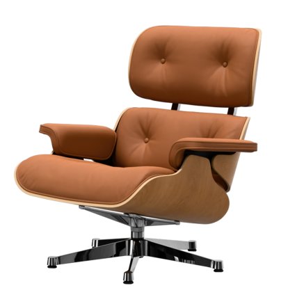 Eames Lounge Chair, Cerisier naturel, Cuir Premium F cognac, 84 cm - Hauteur originale de 1956, Aluminium poli