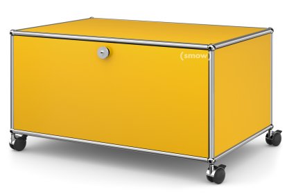 Meuble bas Lowboard TV sur roulettes USM Haller, Avec porte abattante et paroi arrière, Jaune or RAL 1004