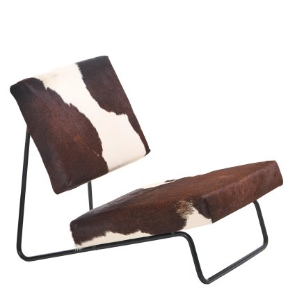 Fauteuil de salon Hirche, Peau de vache, marron / blanche, Revêtement par poudre, noir, sans repose-pieds