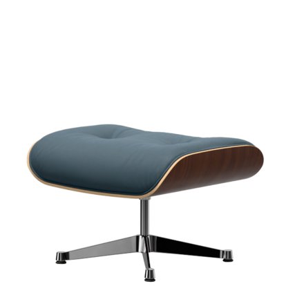Eames Lounge Chair Ottoman, Noyer foncé, Cuir Premium F bleu fumé, Aluminium poli