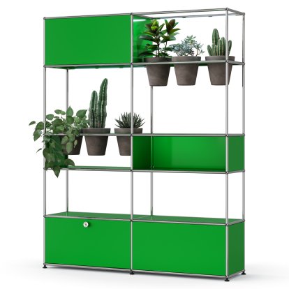 Étagère de séparation USM Haller E plantes, Vert USM, Basalte, Éclairage LED blanc froid