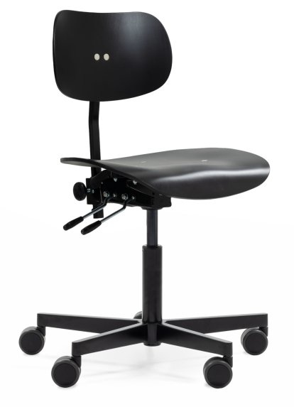 Chaises pivotantes S 197 R20, Sans accoudoirs, Hêtre teinté noir, Poudre noir mat, Roulettes standard noir pour sols durs