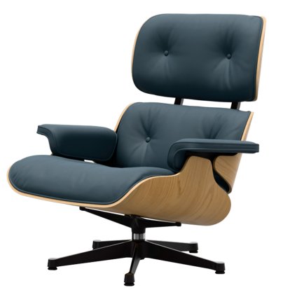 Eames Lounge Chair, Châtaignier naturel, Cuir Premium F bleu fumé, 89 cm, Aluminium poli, côtés noirs