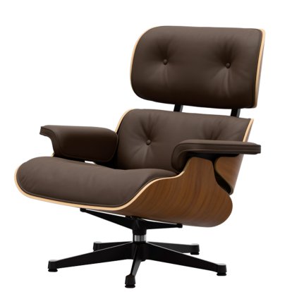 Eames Lounge Chair, Noyer naturel, Cuir Premium F marron, 84 cm - Hauteur originale de 1956, Aluminium poli, côtés noirs