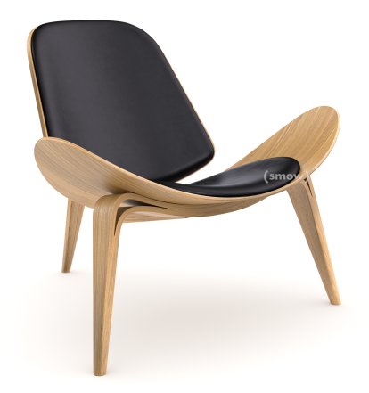 Chaise CH07 Shell, Chêne laqué naturel, Cuir noir