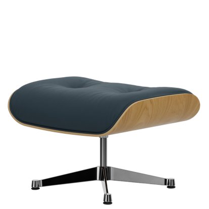 Eames Lounge Chair Ottoman, Châtaignier naturel, Cuir Premium F bleu fumé, Aluminium poli