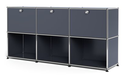 Meuble mixte Sideboard 50 USM Haller, personnalisable, Anthracite RAL 7016, Avec 3 portes abattantes, Ouvert
