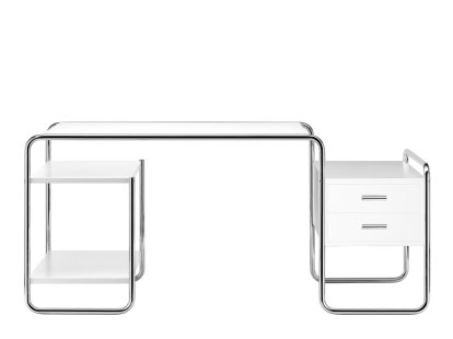 Bureau S 285  Bauhaus, Hêtre laqué à pores ouverts blanc pur, 1 petit bloc de tiroirs / 2 étagères