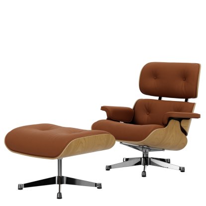 Eames Lounge Chair & Ottoman, Châtaignier naturel, Cuir Premium F cognac, 84 cm - Hauteur originale de 1956, Aluminium poli