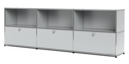 Meuble mixte Sideboard XL USM Haller, personnalisable, Gris clair RAL 7035, Ouvert, Avec 3 portes abattantes
