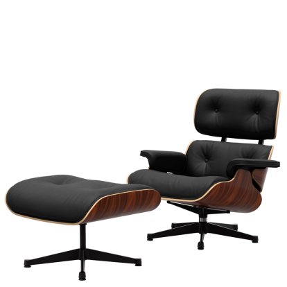 Eames Lounge Chair & Ottoman, Palissandre Santos, Cuir Premium F nero, 84 cm - Hauteur originale de 1956, Aluminium poli, côtés noirs