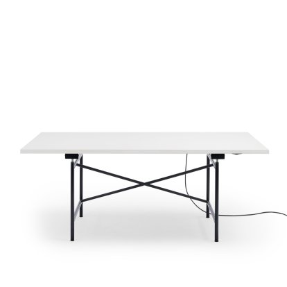 Table Eiermann 1 E (réglage électrique de la hauteur), Mélaminé blanc avec bords blancs, 180 x 90 cm, Noir, Avec passage-de-câbles