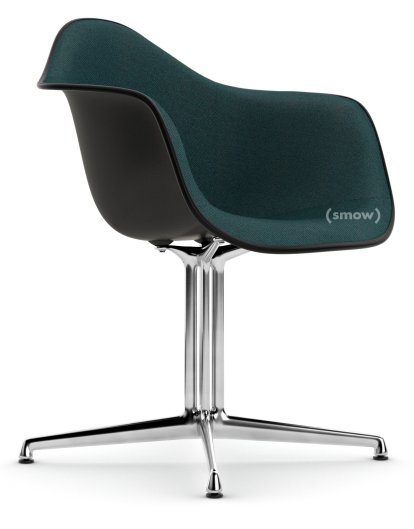 Eames Plastic Armchair RE DAL, Noir profond  , Rembourrage intégral, Pétrole / marron marais, Aluminium poli, Nouvelle hauteur d'assise (43,0 cm)