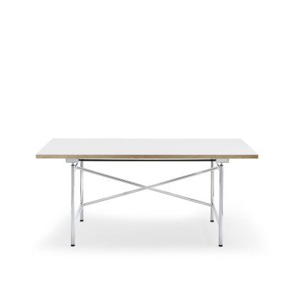 Table Eiermann 1 M (réglage mécanique de la hauteur), Mélaminé blanc avec bords chêne, 160 x 80 cm, Chromé