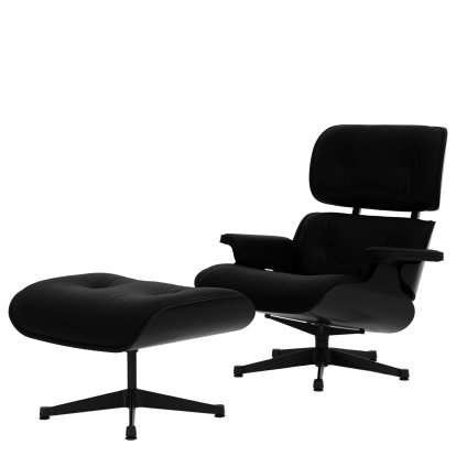Eames Lounge Chair & Ottoman, Châtaignier noir, Cuir Premium F nero, 89 cm, Noir peint par poudrage