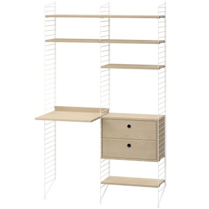 Étagère au sol avec bureau et rangement, Rayonnages frêne, panneaux blancs