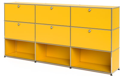 Meuble haut Highboard XL USM Haller, personnalisable, Jaune or RAL 1004, Avec 3 portes abattantes, Avec 3 portes abattantes, Ouvert