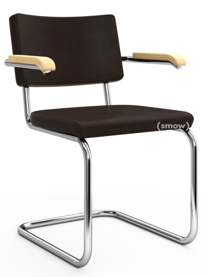 Chaise cantilever S 64 PV Pure Materials, Cuir Nappa marron foncé, Frêne, Chromé, Patins en plastique noir avec feutre