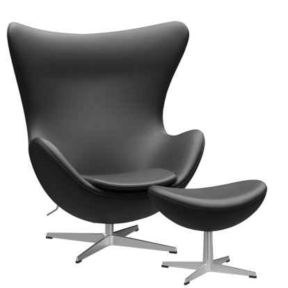Fauteuil Egg (Oeuf), Cuir Essential, Noir, Aluminium satiné et poli, Avec repose-pied