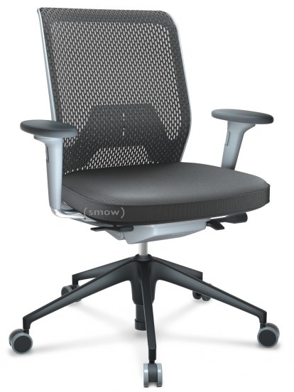ID Mesh, Mécanisme Flowmotion sans inclinaison avant et sans réglage de la profon, Avec accotoirs 2D, Piétement à 5 branches, plastique basic dark, Soft grey, Assise Skin, dossier Netline, Asphalte, Souples pour sols durs