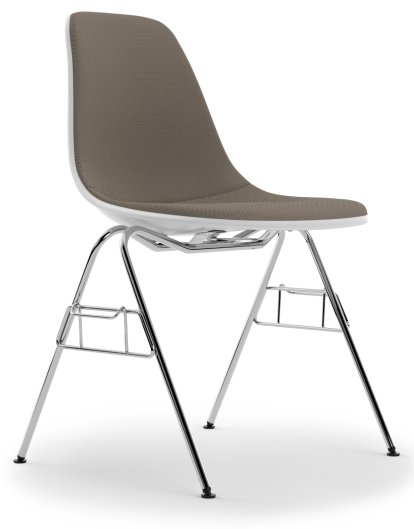 Eames Plastic Side Chair RE DSS / DSS-N, Coton blanc, Rembourrage intégral, Gris chaud / marron marais, Avec liaison de rangée (DSS)