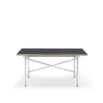Table Eiermann 1 M (réglage mécanique de la hauteur), Linoleum charbon de bois (Forbo 4175) avec bords en chêne, 140 x 80 cm, Chromé