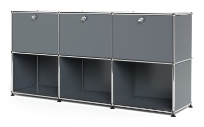 Meuble mixte Sideboard 50 USM Haller, personnalisable, Gris moyen RAL 7005, Avec 3 portes abattantes, Ouvert
