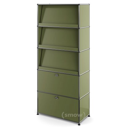 Étagère USM Haller avec 3 présentoirs inclinés, Vert olive RAL 6003