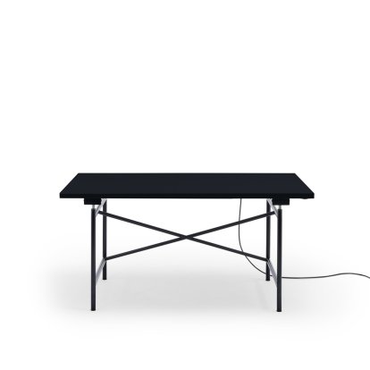 Table Eiermann 1 E (réglage électrique de la hauteur), Linoleum noir avec bords noir (Forbo 4023), 140 x 80 cm, Noir, Avec passage-de-câbles