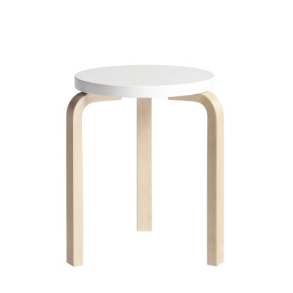 Tabouret 60, Assise laquée blanc, pieds bouleau laqué nature