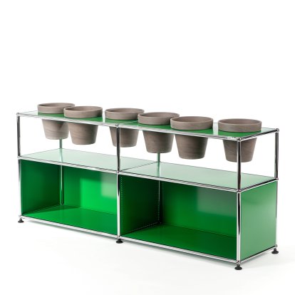 Meuble Sideboard USM Haller pour plantes, Vert USM, Ouvert, Avec 6 pots, Basalte