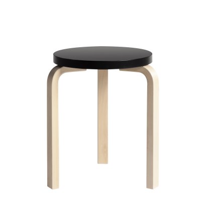 Tabouret 60, Assise laquée noir, pieds bouleau laqué nature