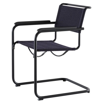 Chaise Cantilever S 33 / S 34 V Tissu, Accotoirs hêtre teinté noir, Noir mat revêtu par poudre, Tissu cento deep - bleu foncé, Patins en plastique noir avec feutre