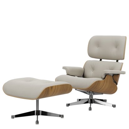 Eames Lounge Chair & Ottoman, Noyer pigmenté blanc, Cuir Premium F snow, 89 cm, Aluminium poli